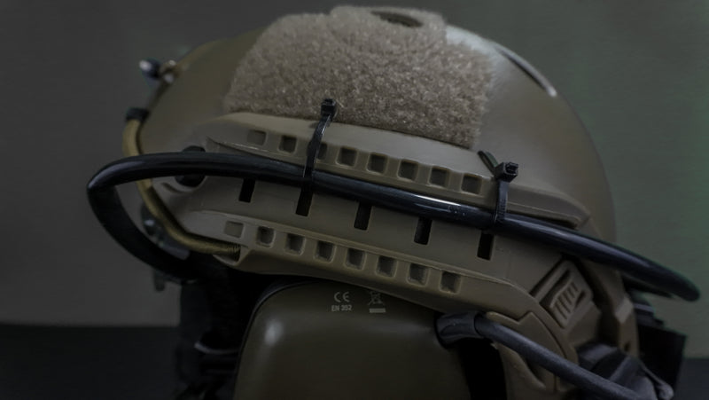 Zip ties used to route antifog tubing through helmet rails