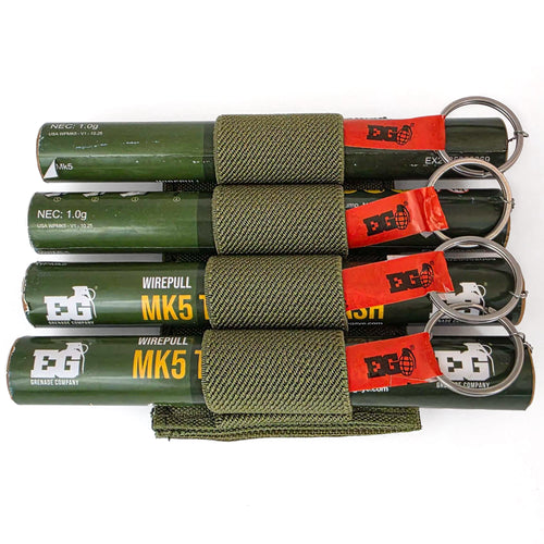Green BFly 4-round MK5 thunderflash holder shown loaded with four MK5 thunderflash grenades (grenades not included)