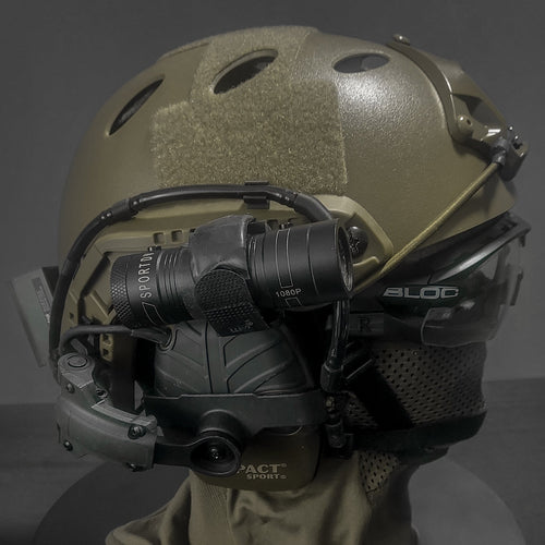 Tactical helmet with mounted equipment on a dark background