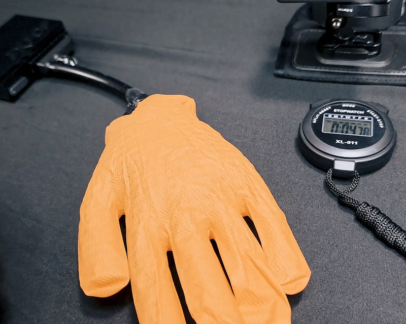 N-Bore bench test result - glove fully inflated with faster time on stopwatch