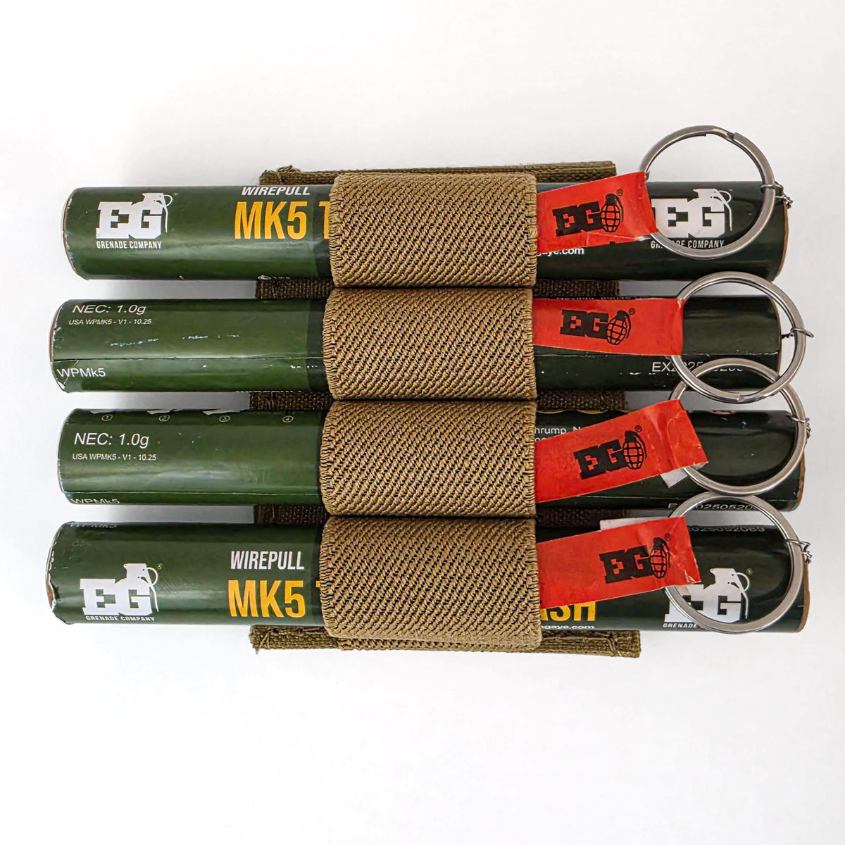 Tan BFly 4-round MK5 thunderflash holder shown loaded with four MK5 thunderflash grenades (grenades not included)